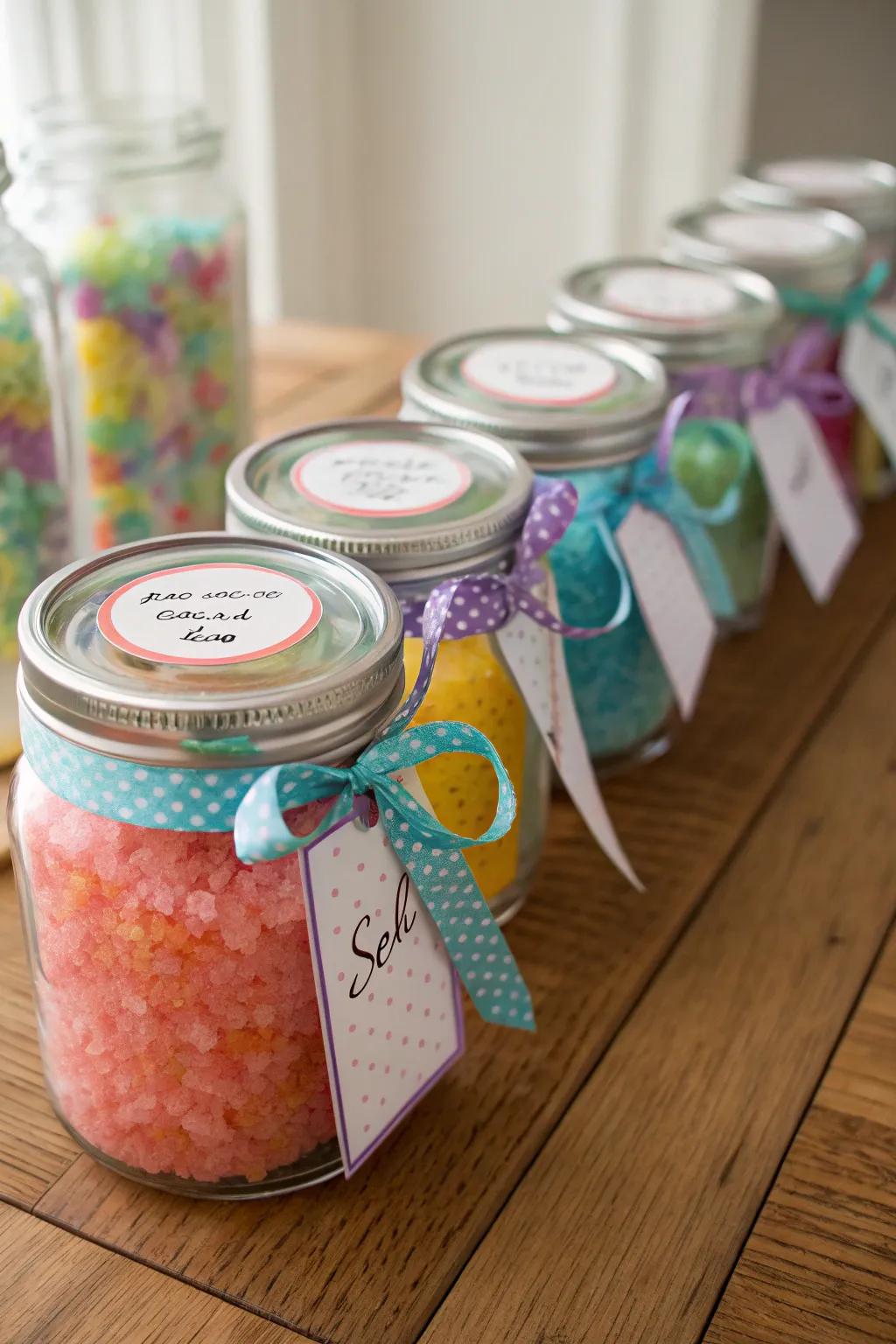 Homemade bath salts offer a luxurious touch for your wedding favors.