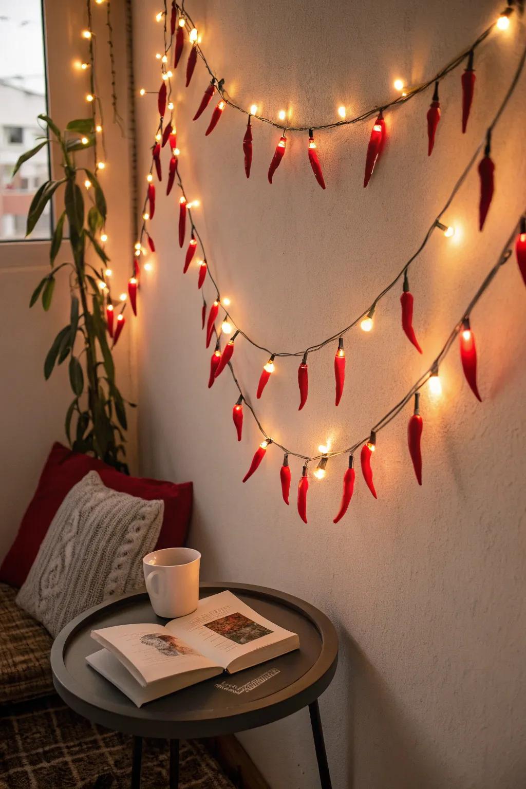 Unique red chili pepper lights adding charm to the ambiance.