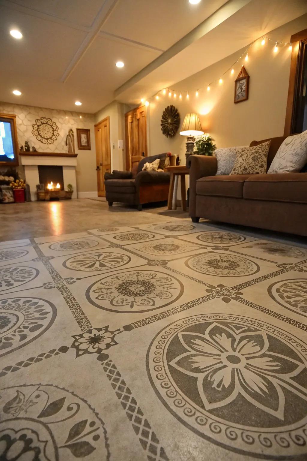 Stenciled designs on concrete floors add personality and charm.