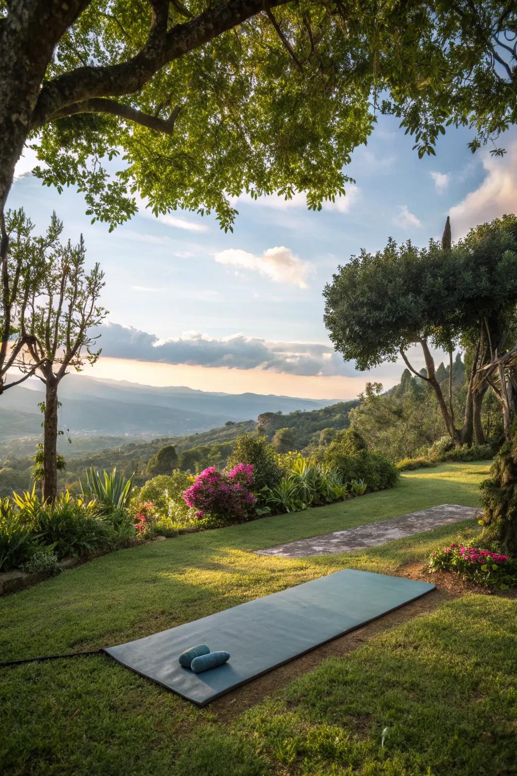 Outdoor yoga spaces enhance relaxation and focus.