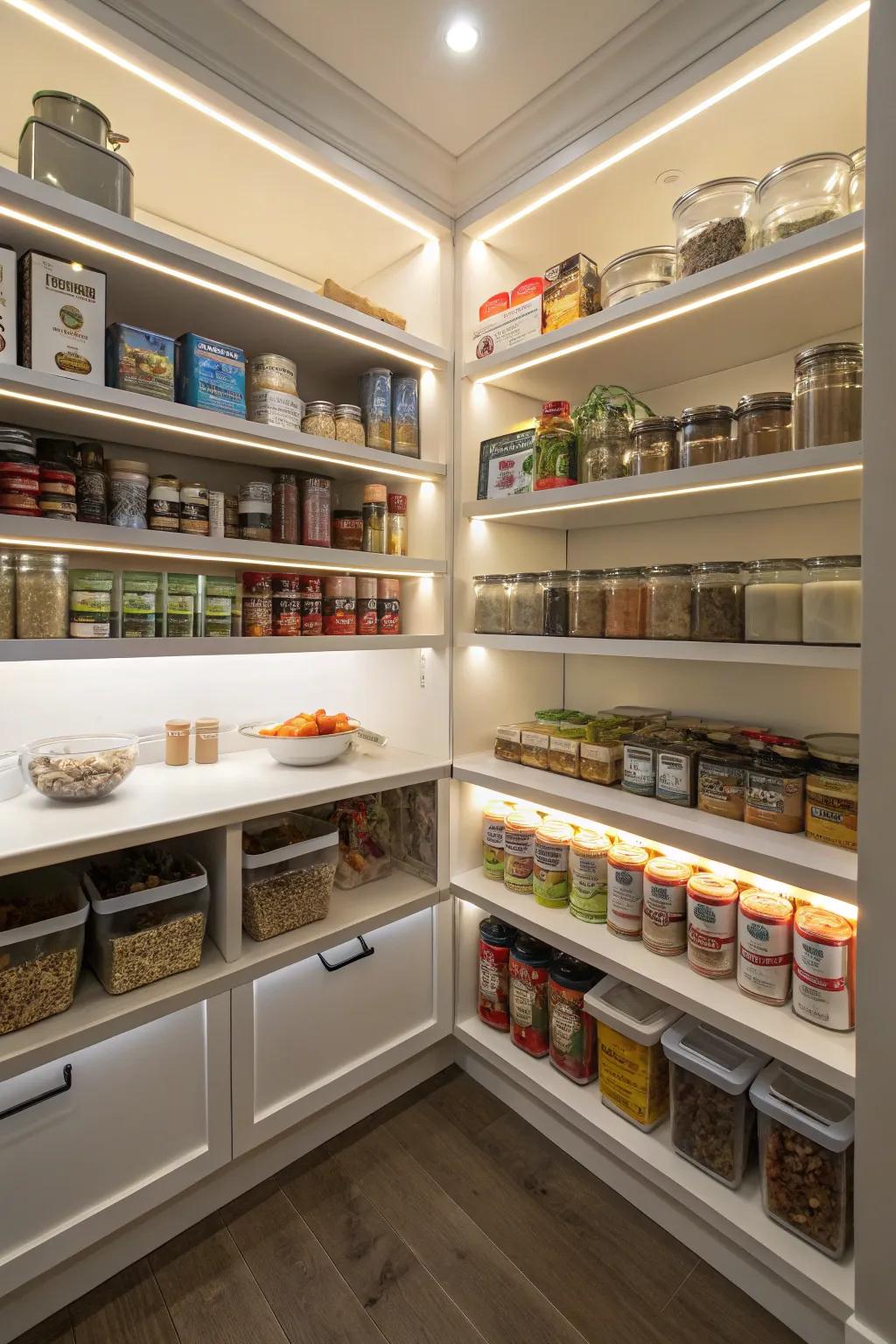 LED lighting in a corner pantry for better visibility.