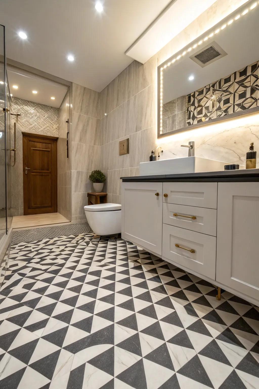 A bathroom floor that creates visual interest with optical illusions.