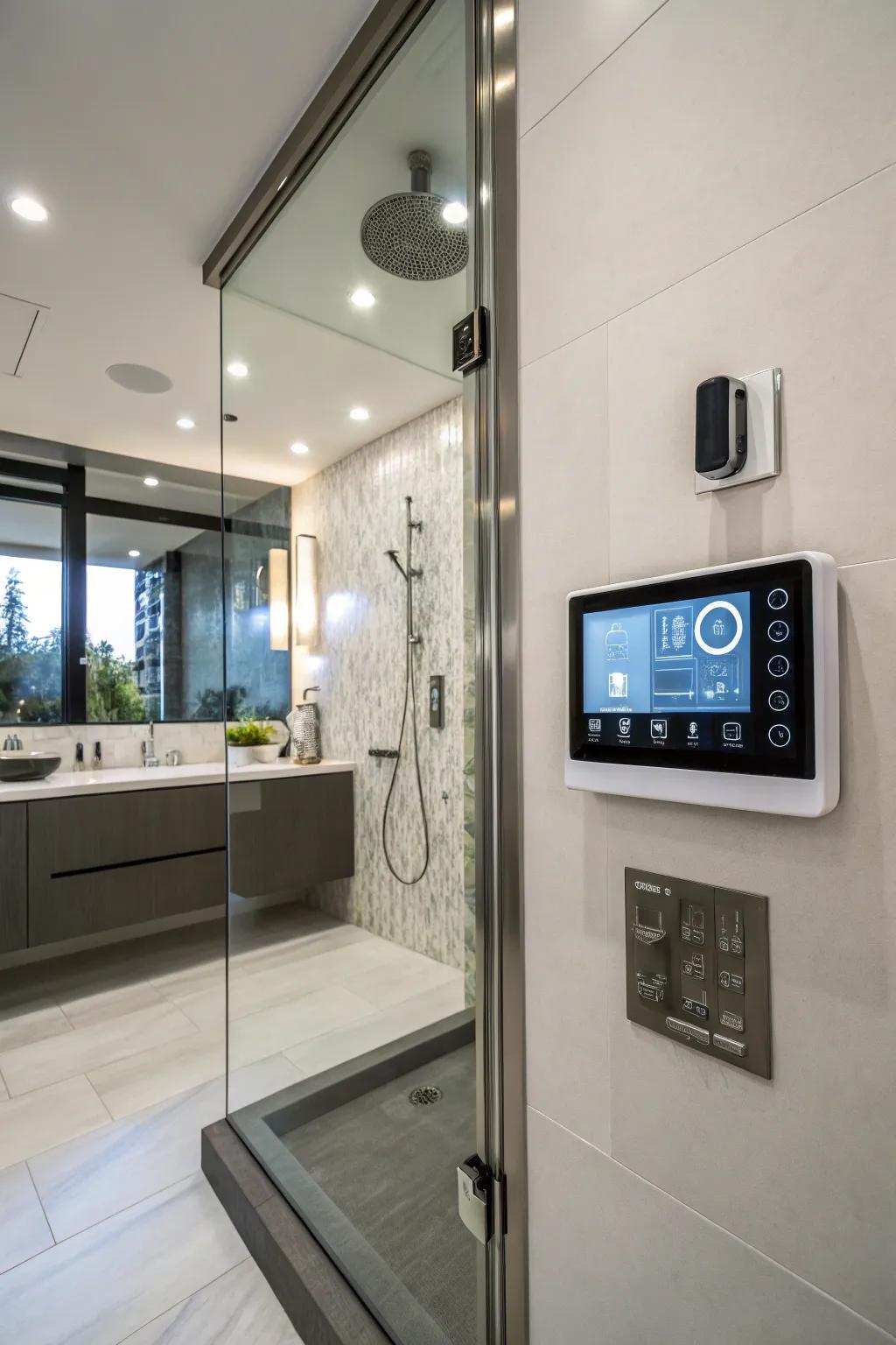 Smart controls make this curbless shower a high-tech and convenient oasis.