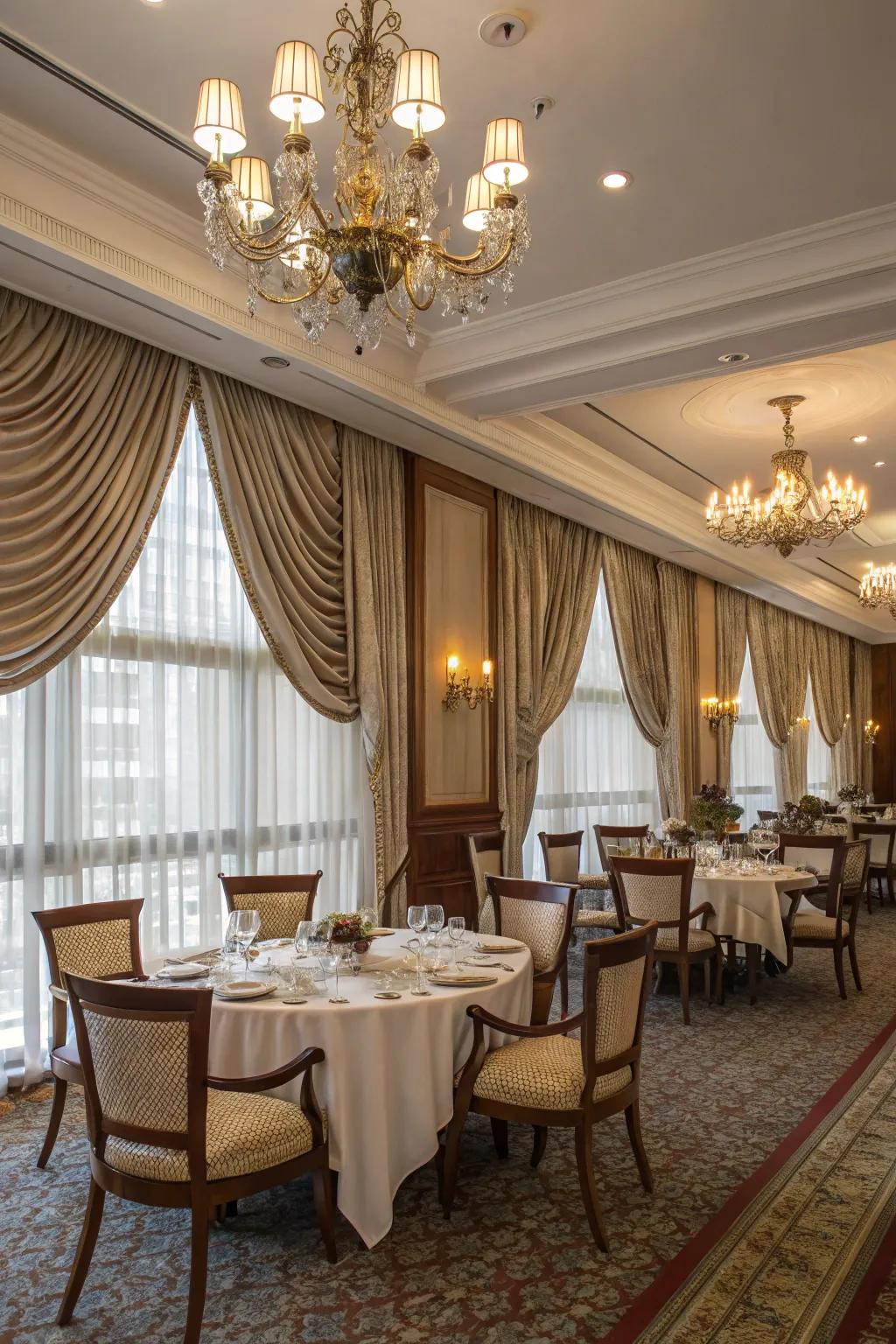 Silk window coverings proffer a lavish element atop blinds.