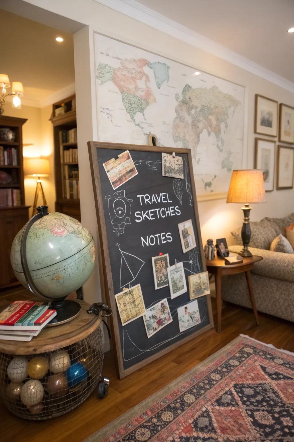 A travel memories chalkboard for reminiscing and storytelling.