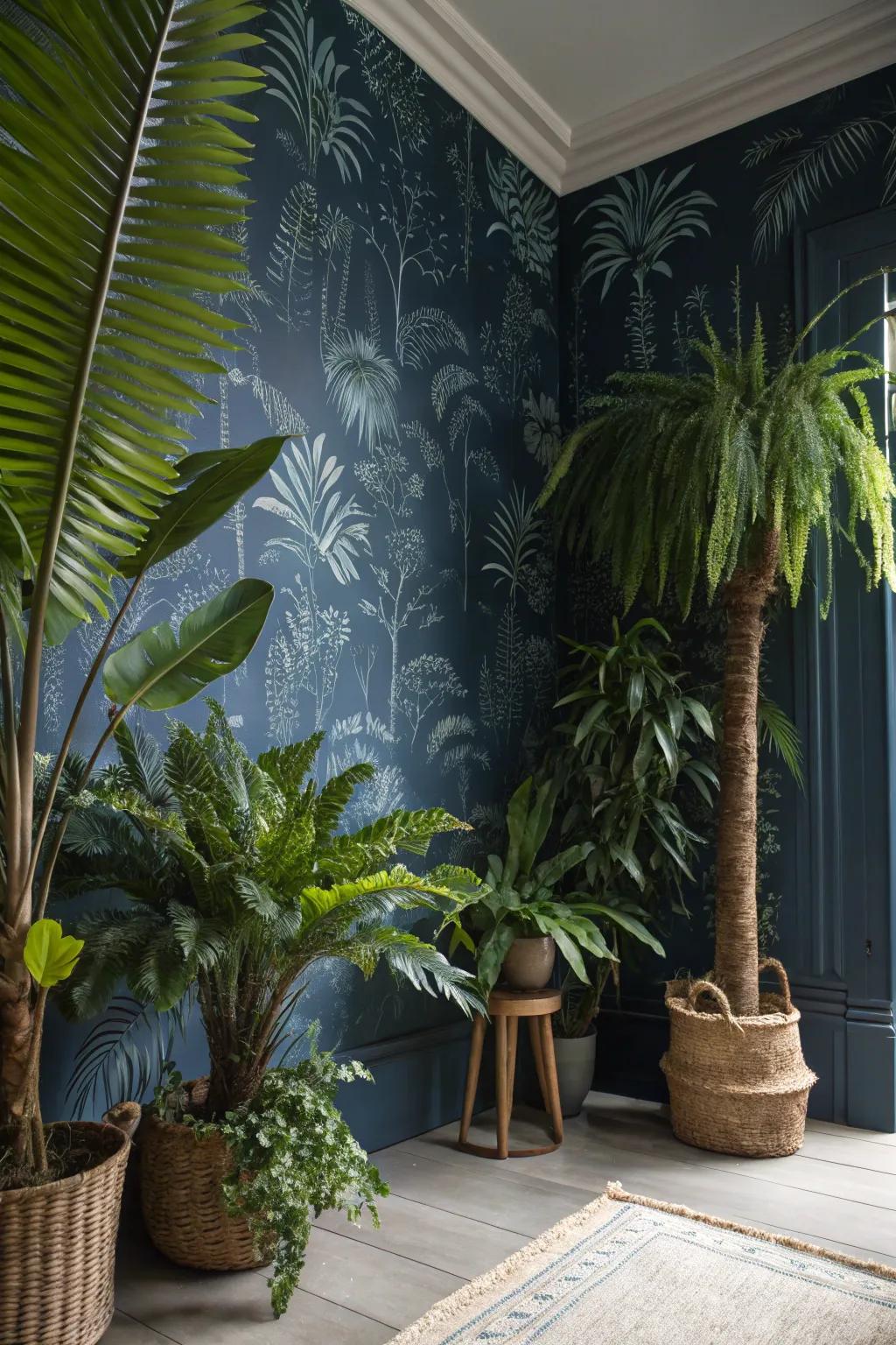 Create a tropical escape with exotic dark blue wallpaper.