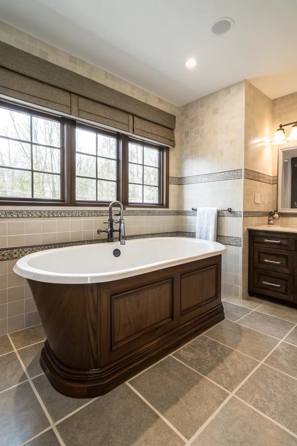 A freestanding tub with dark wood surround offers a luxurious retreat.