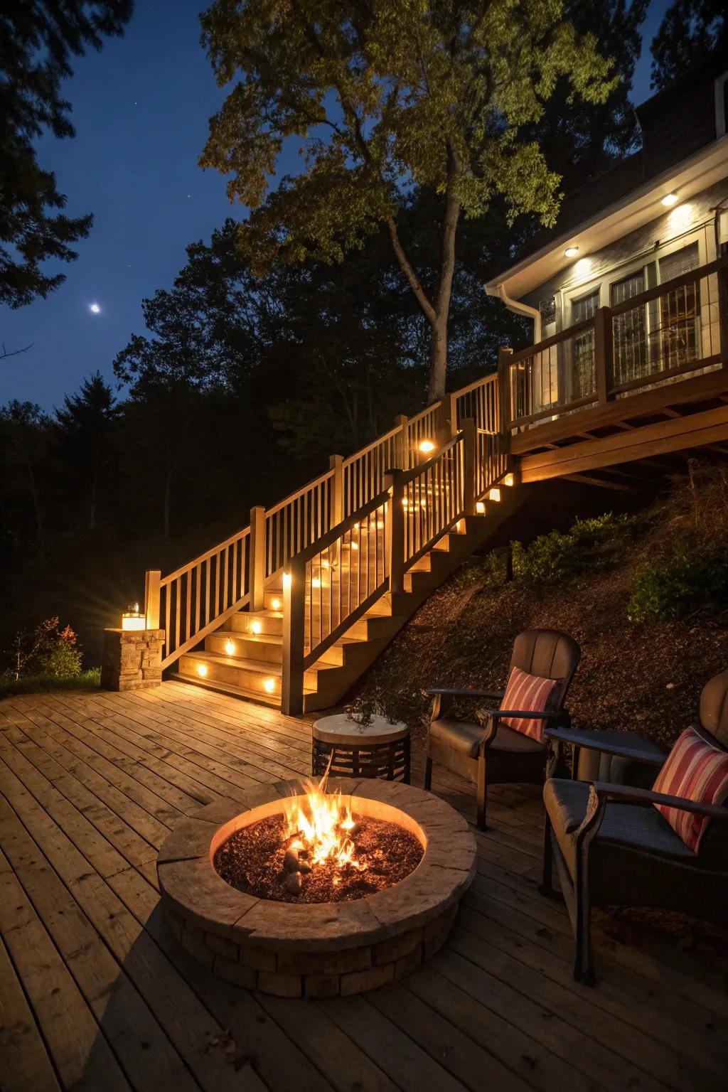 Fire pit lighting creates a warm gathering spot