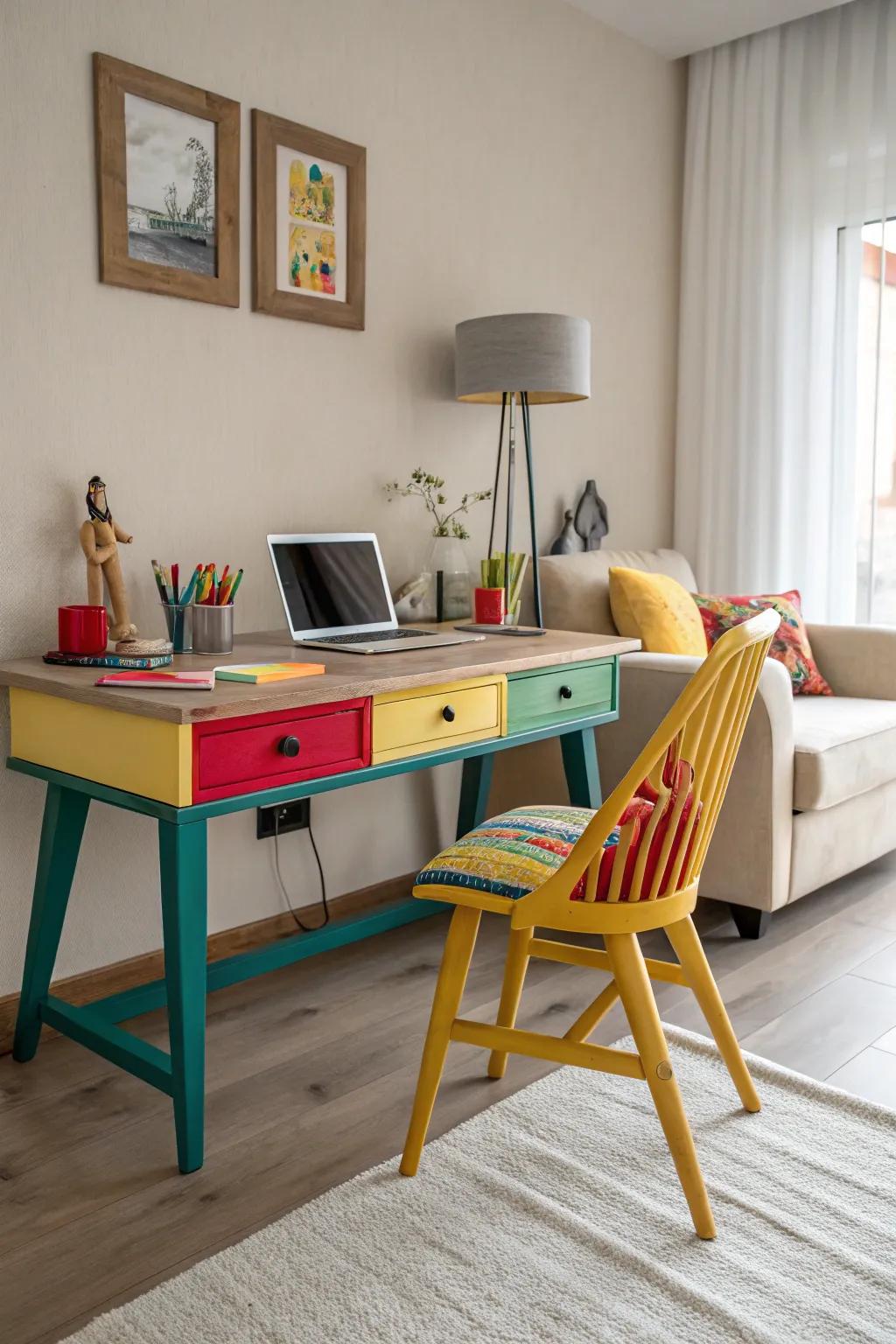 A pop of color can invigorate your living room workspace.