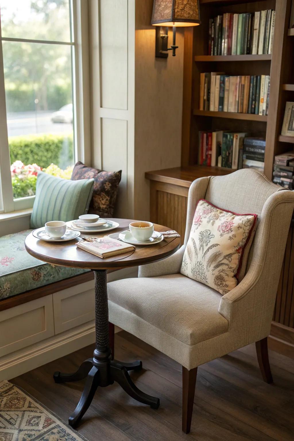 A reading nook dining area offers a quiet and intimate setting.