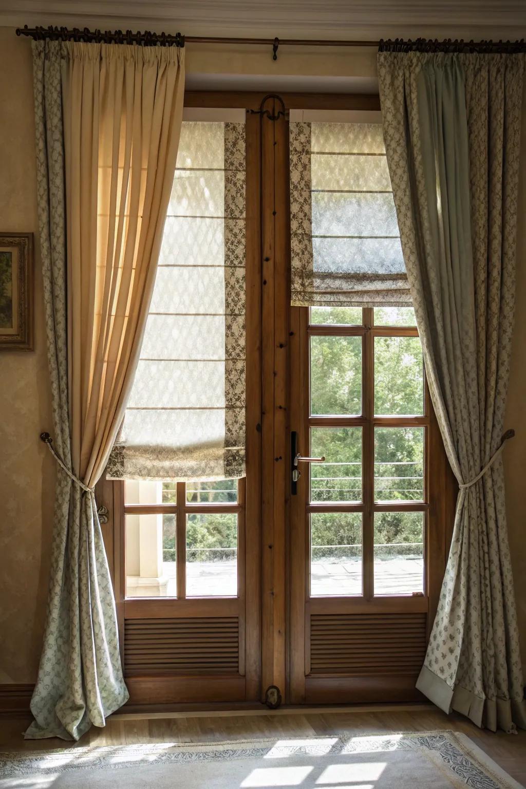 A multi-layered approach offers versatile privacy and style for door windows.