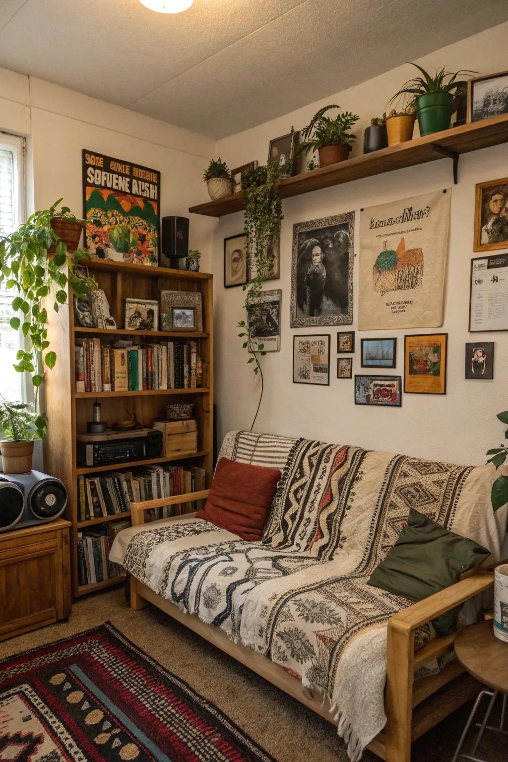 A vintage couch adds charm and character to this eclectic dorm room.