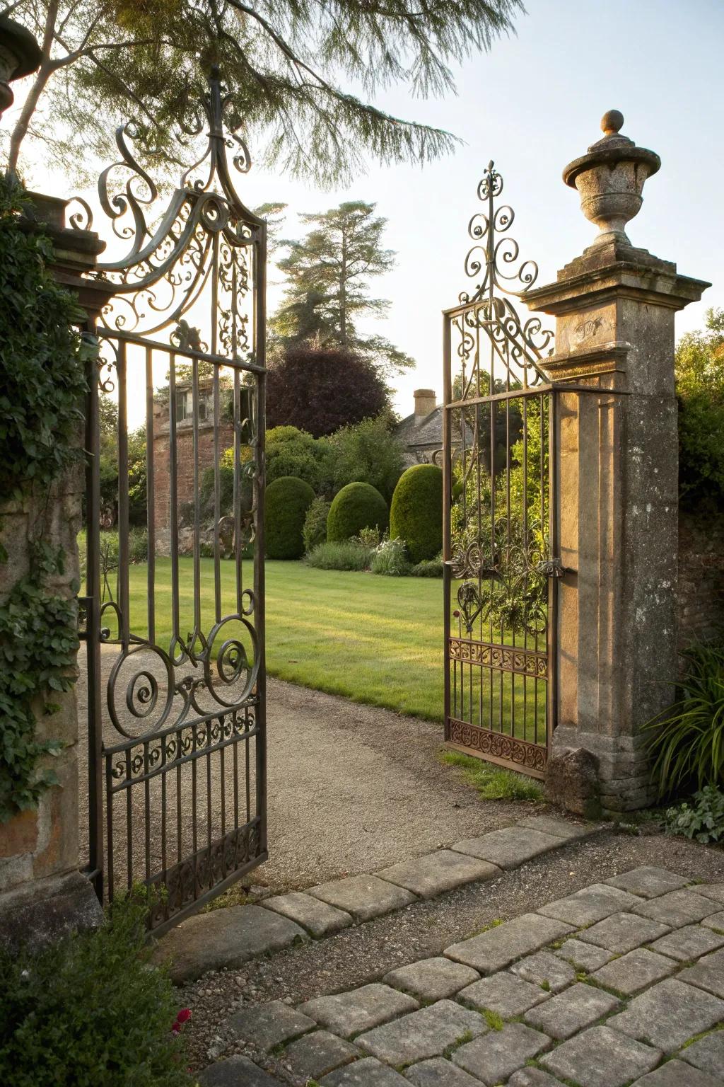 A vintage wrought iron gate exuding timeless charm and elegance.