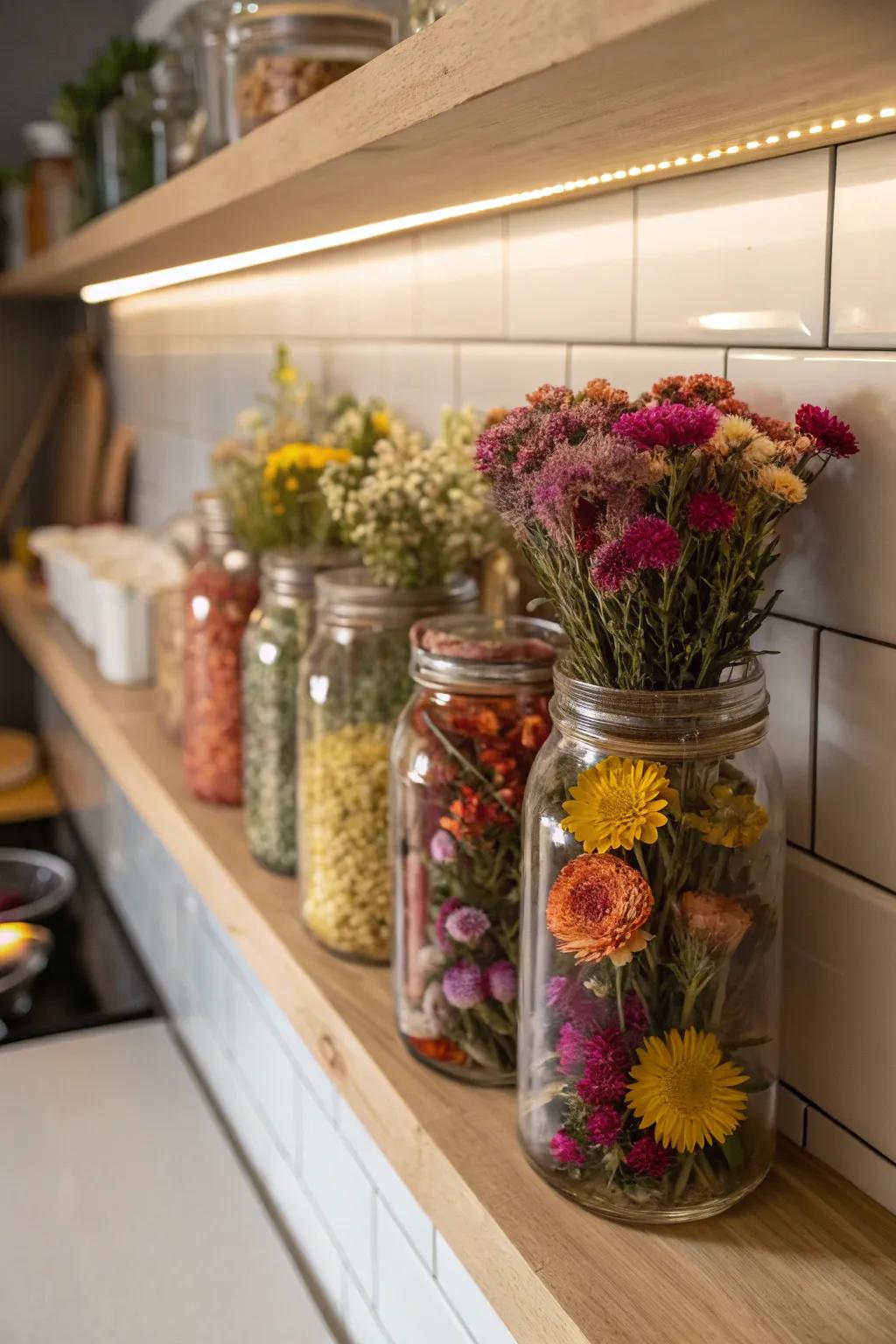 Intricate jar displays that add a vibrant pop of color.