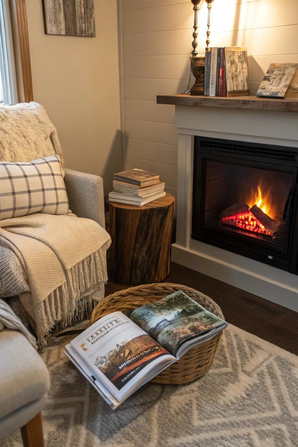 A fireplace nook perfect for reading and relaxation.