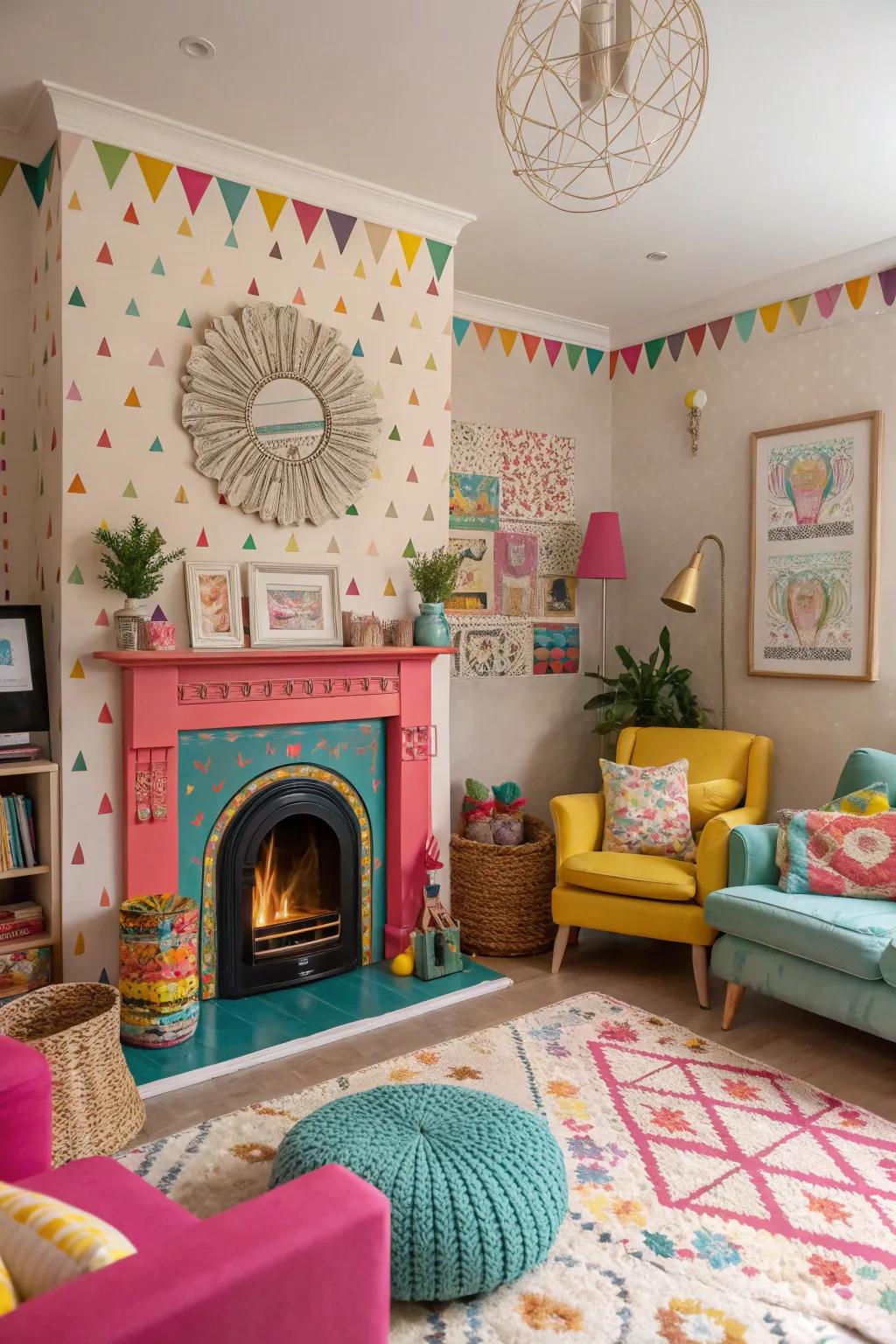 A whimsical living room with a colorful fireplace and quirky decor elements.