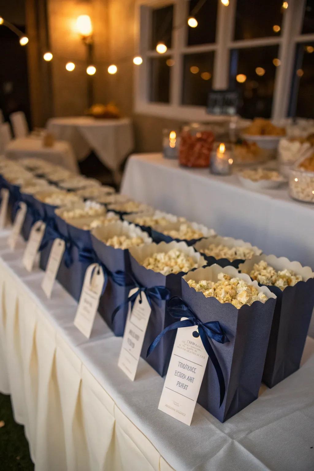 Midnight snack bags filled with popcorn, providing guests with a delicious takeaway from the wedding.