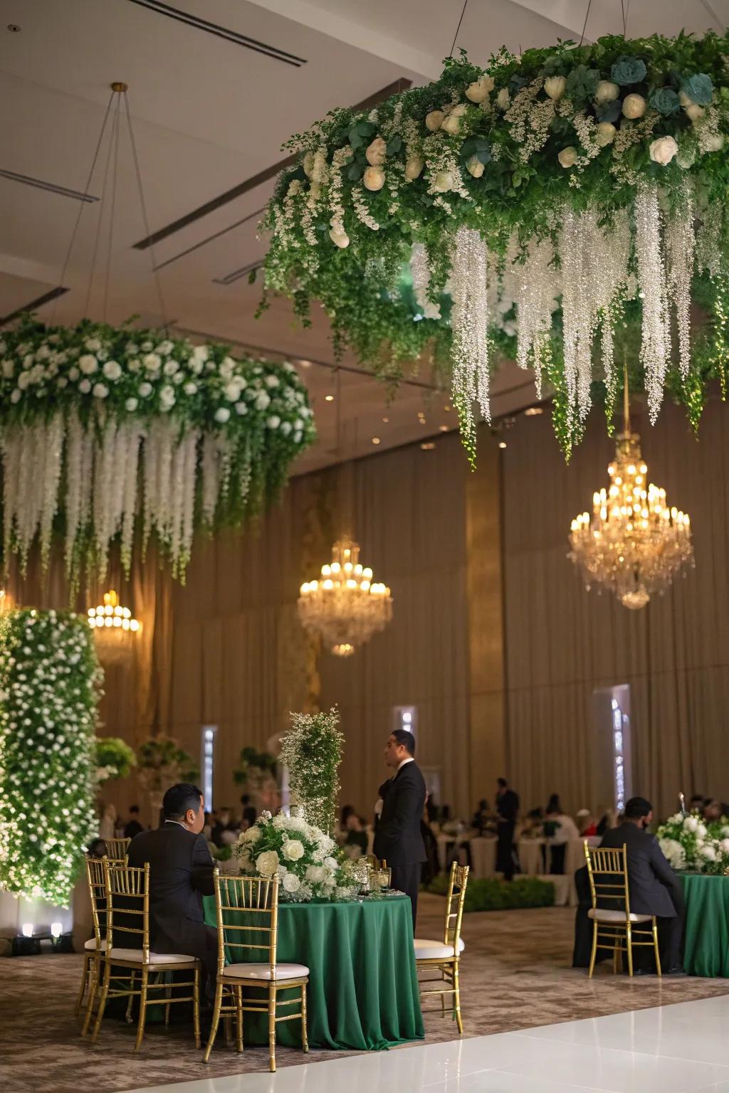 Dramatic floral installations creating a stunning focal point.