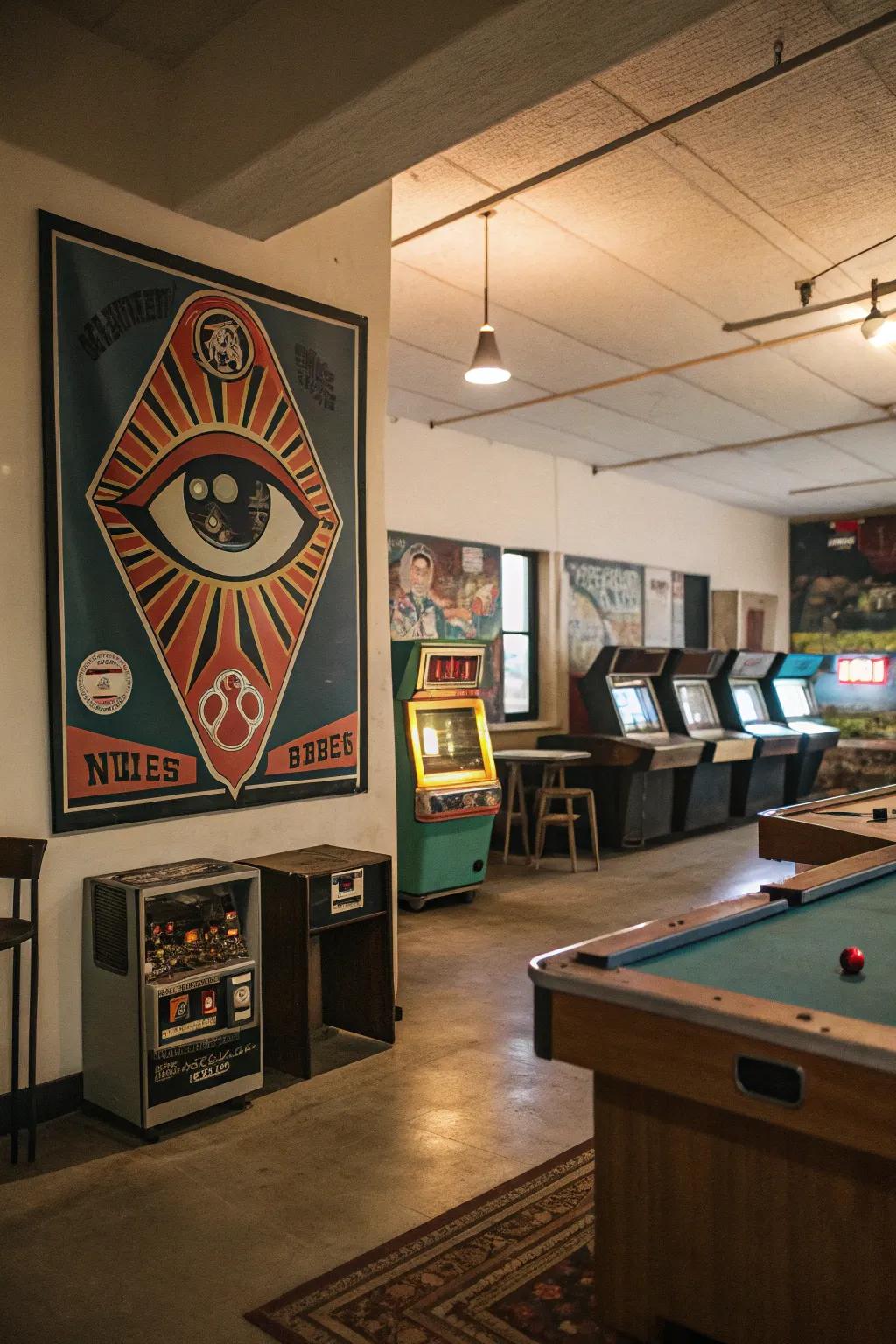 A playful retro eye poster that adds nostalgic charm to the game room.