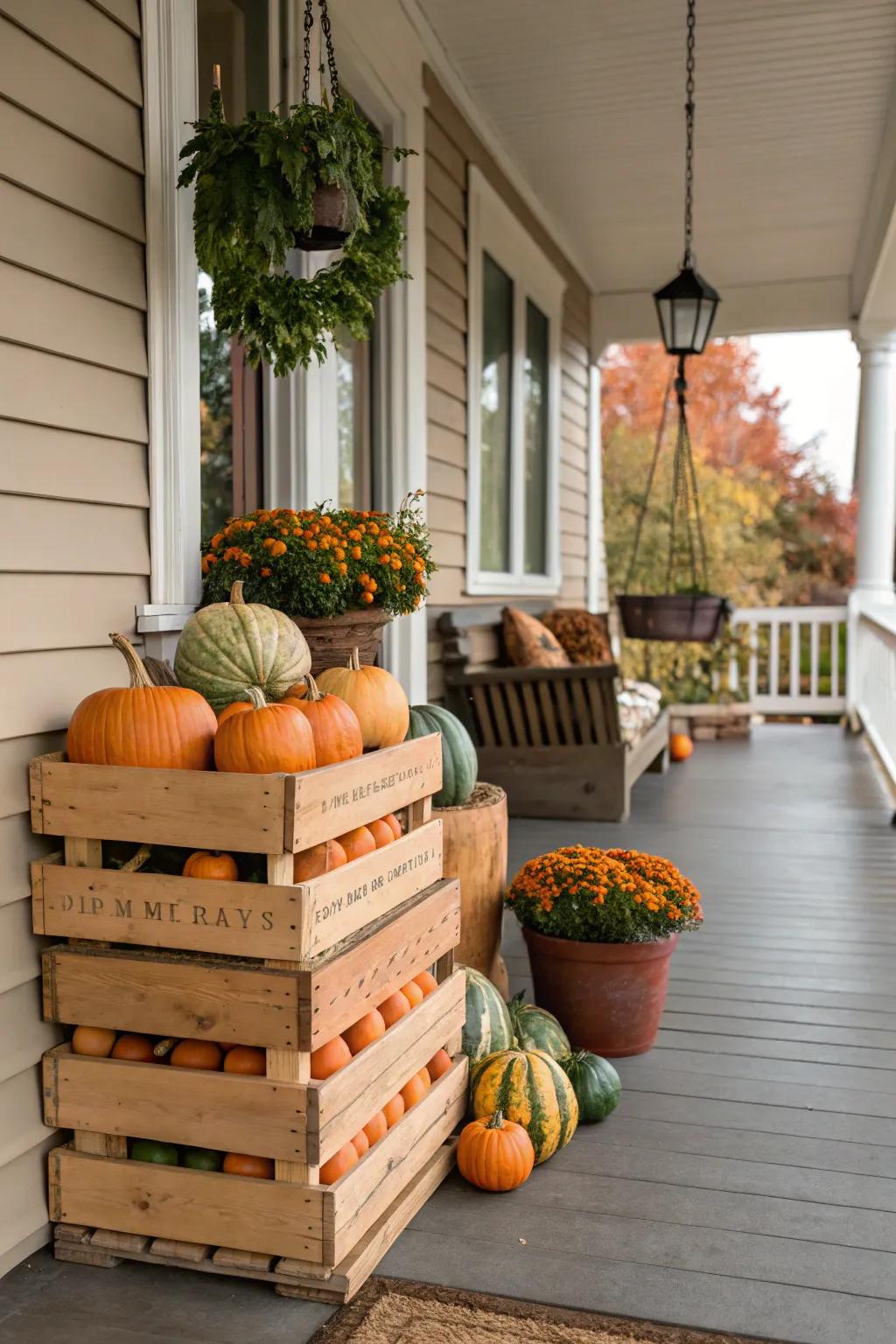 Apple crates filled with autumn goodies create a charming harvest display.