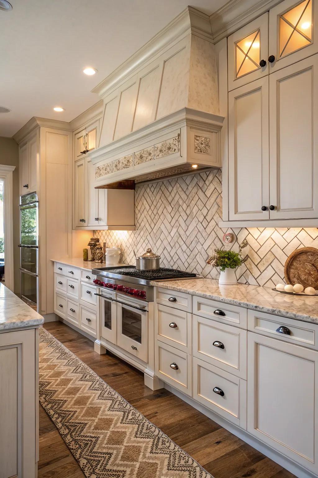 A fishbone backsplash adds dimension and sophistication to this country-style kitchen.