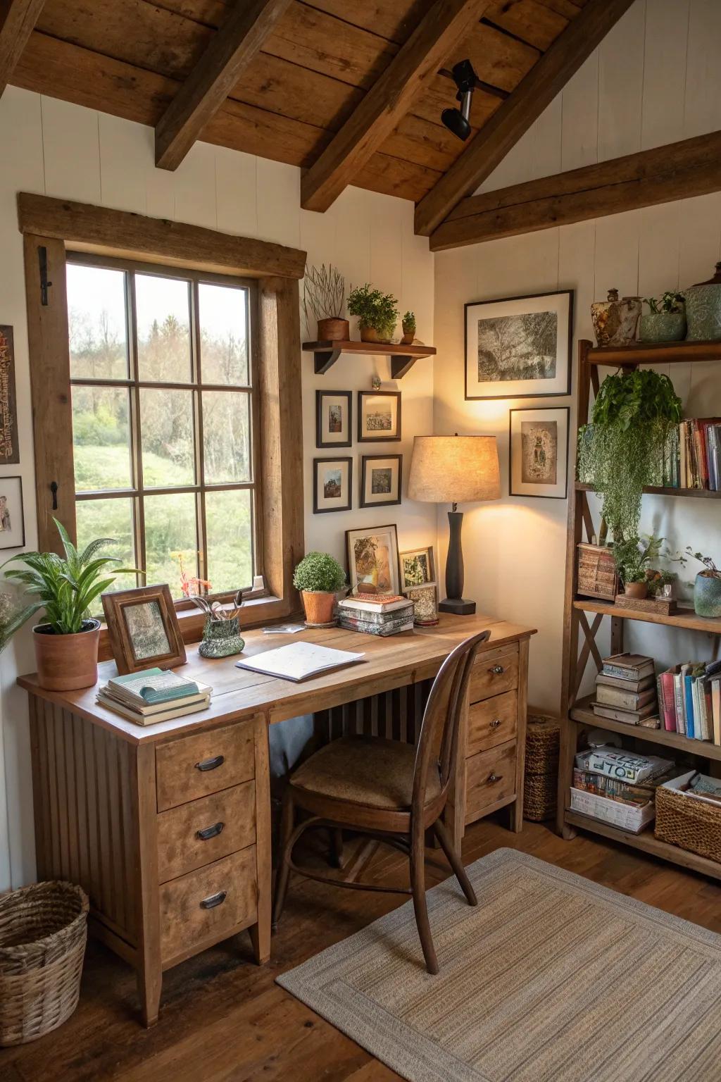 Tailored workspace with treasured decor.