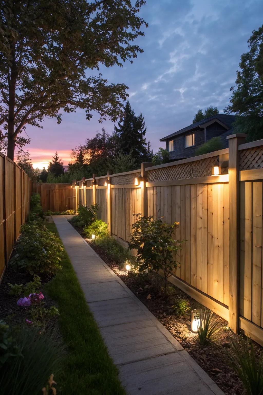 Lit fences conjure a magical atmosphere after twilight.