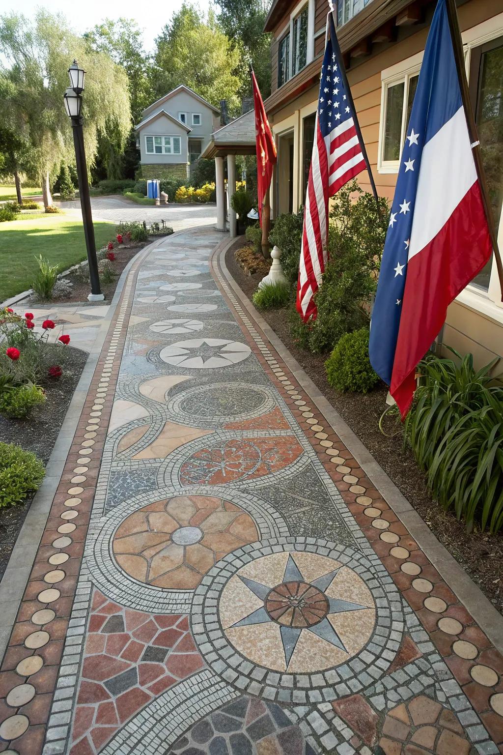 An intricate mosaic design turning a flag lot driveway into a piece of art.