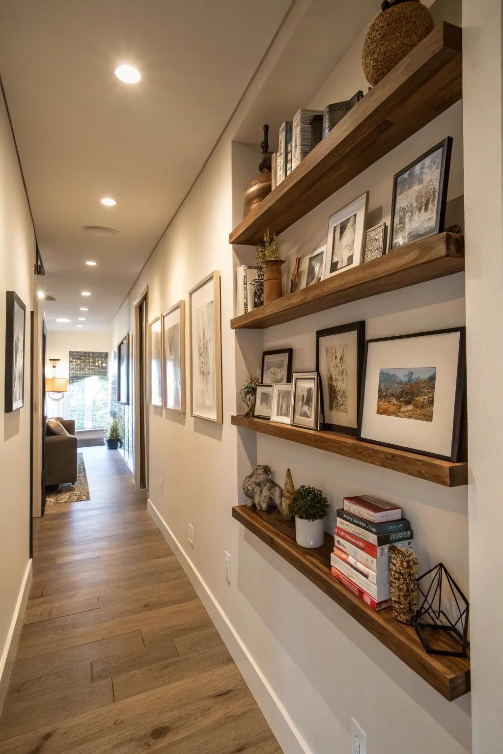 Turn your hallway into an artistic gallery with floating shelves.