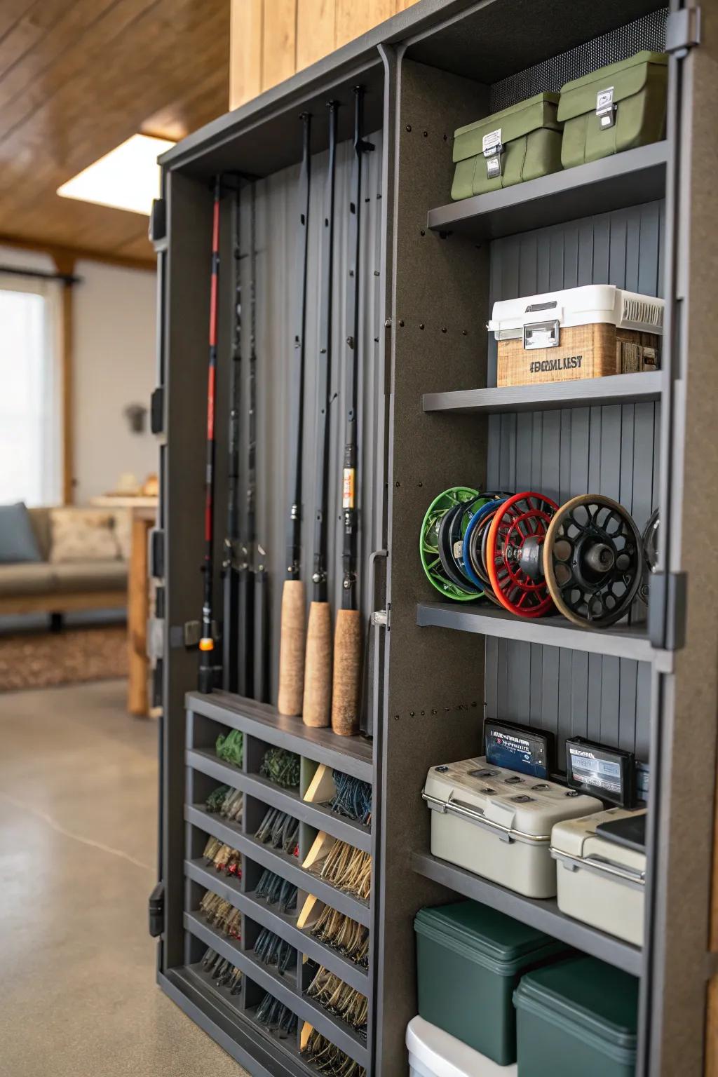 Modular shelving for adaptable gear storage.