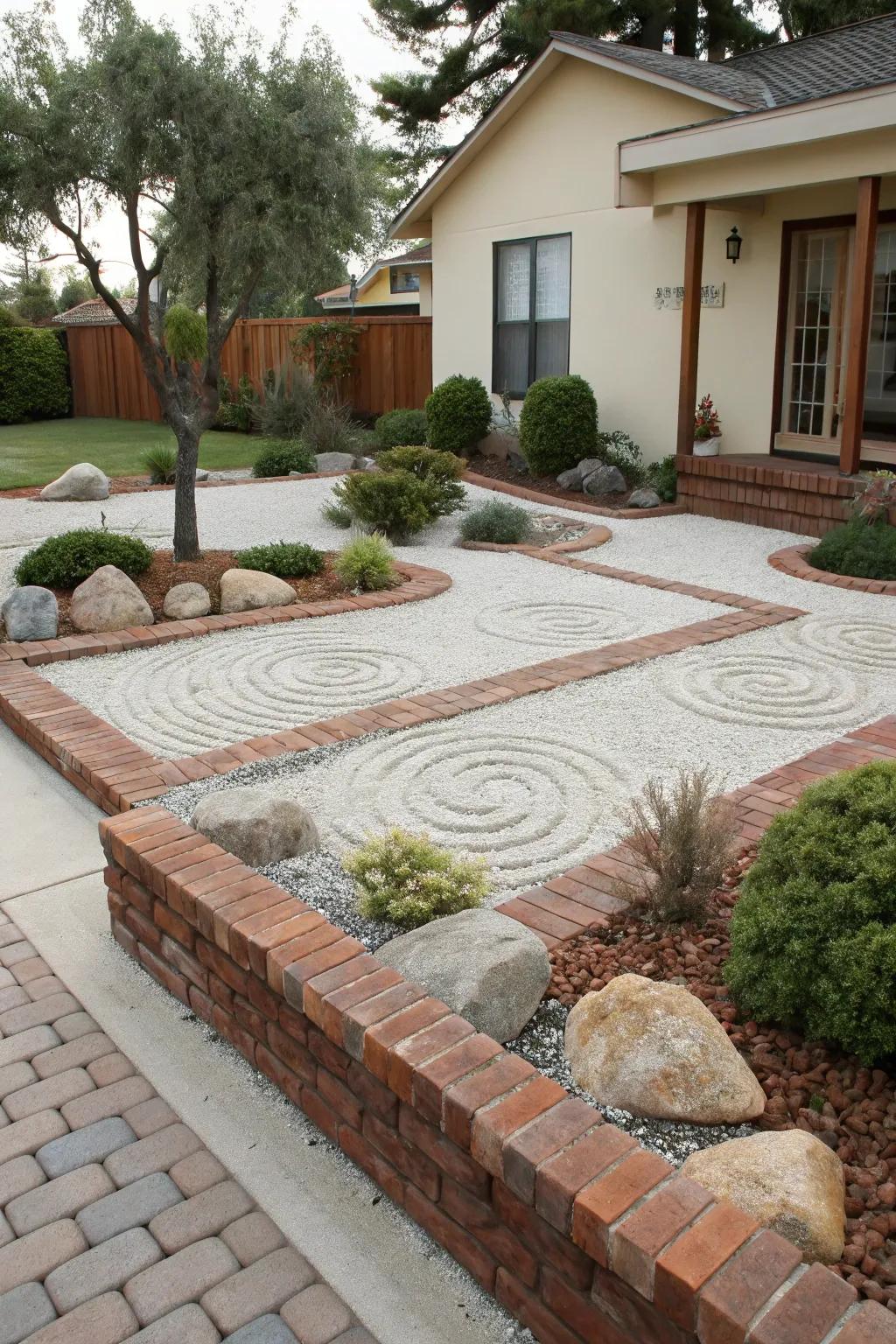 A brick Zen garden fosters tranquility and reflection.