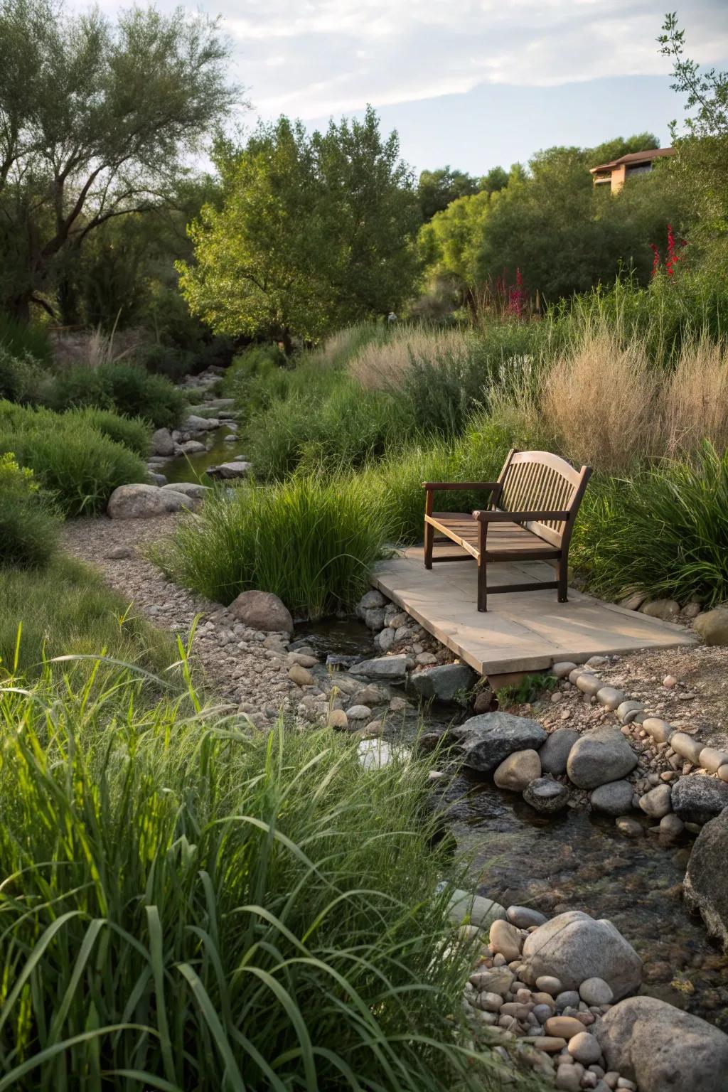 A hidden seating area offers a peaceful spot to enjoy your dry creek bed.