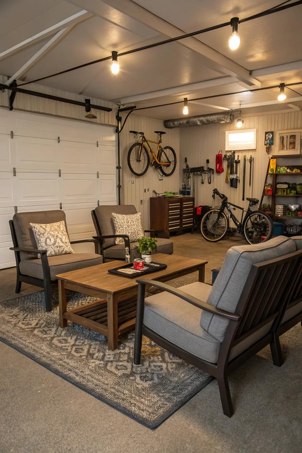 A lounge area turns your garage into a cozy retreat.