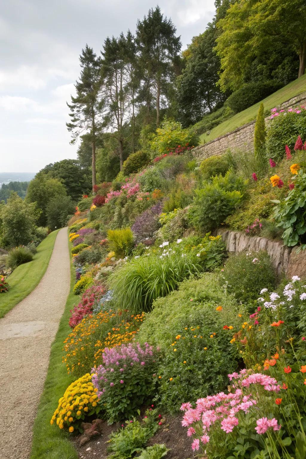 Mixed perennial borders offer a colorful display throughout the seasons on a slope.