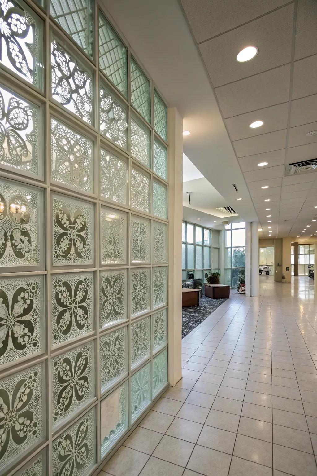 An interior showcasing a patterned glass block wall, displaying intricate designs and artistic visual interest.