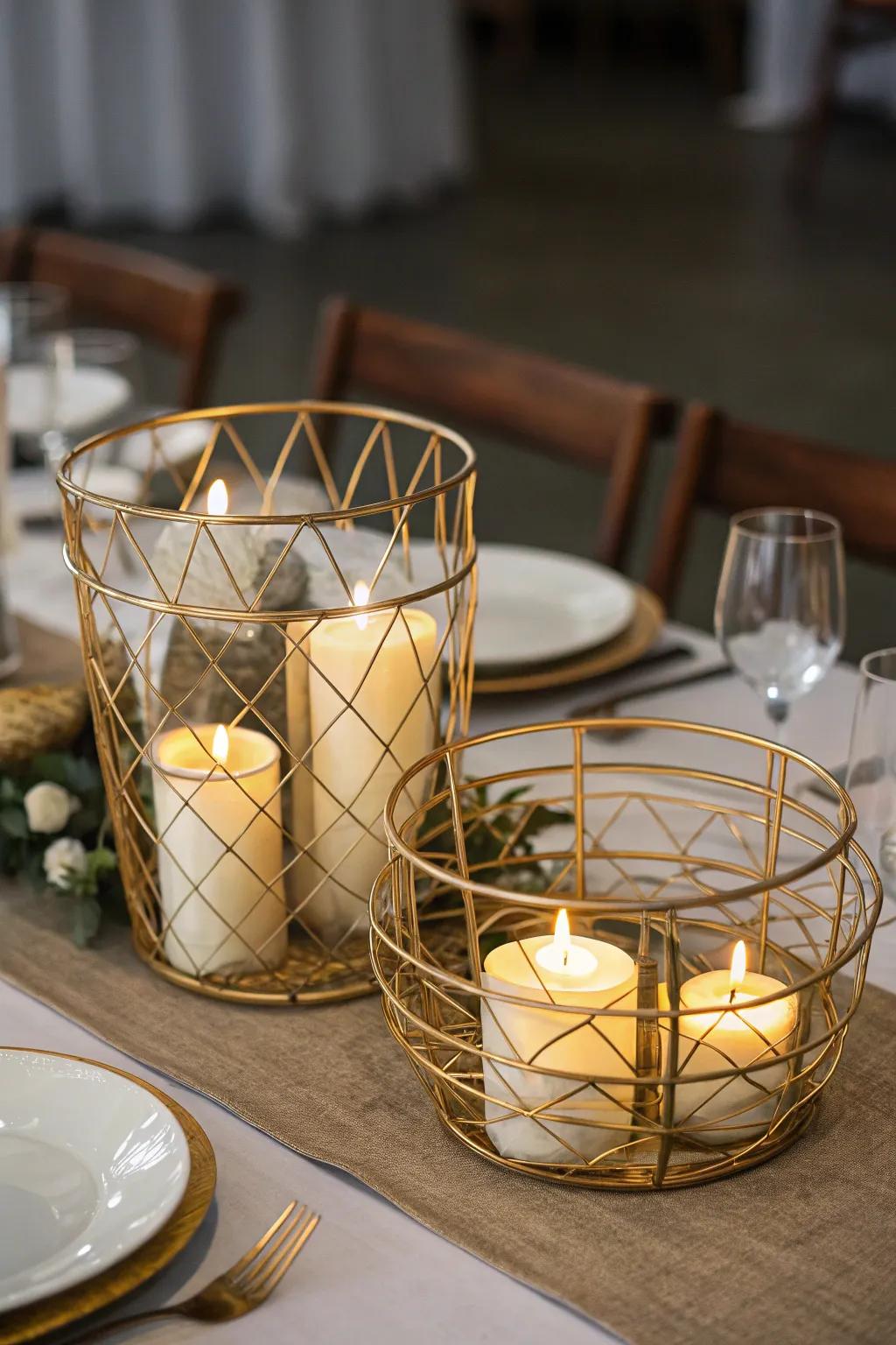 Industrial chic with gold wire baskets and candles.