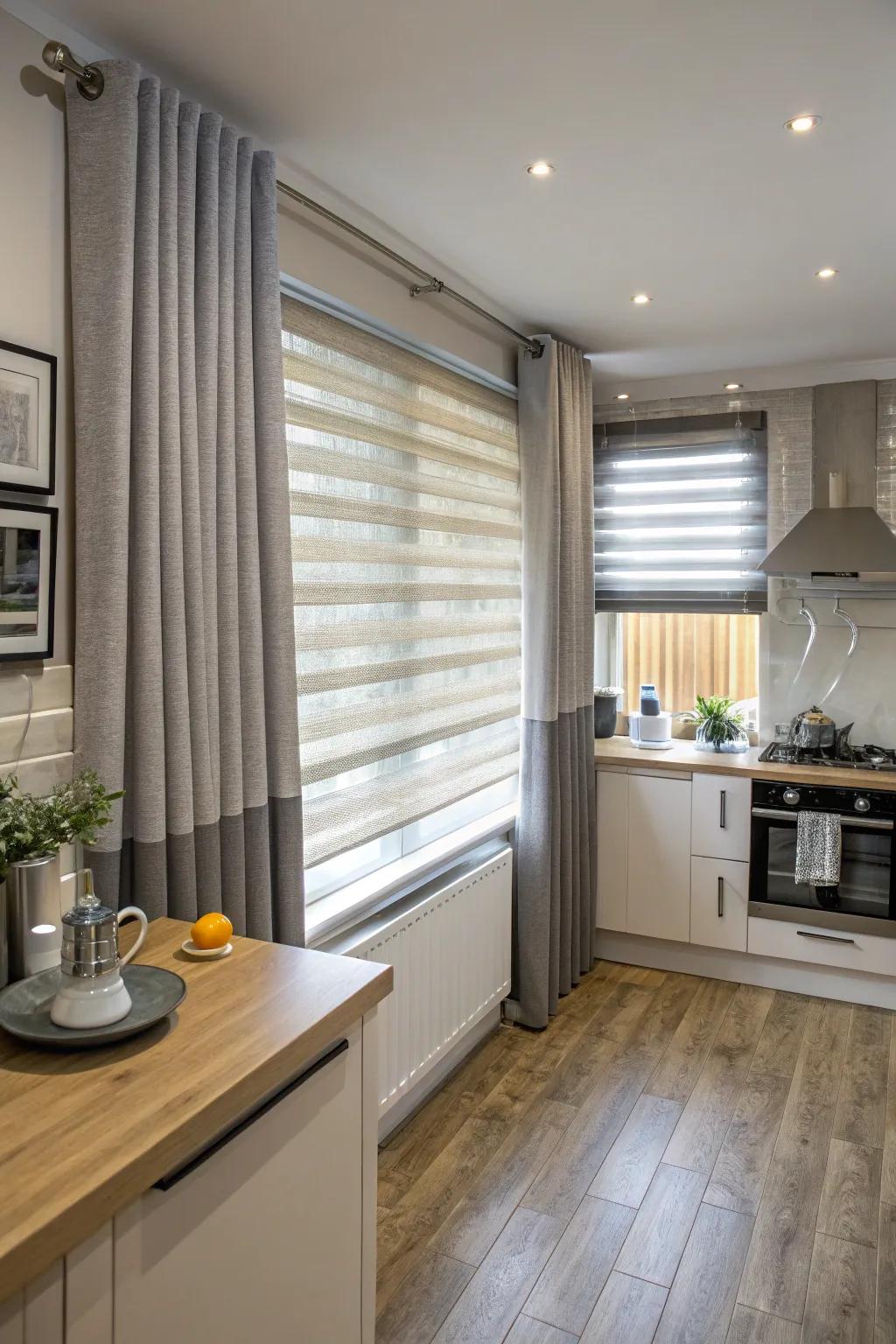 Layer gray curtains over blinds for versatile light and privacy control.