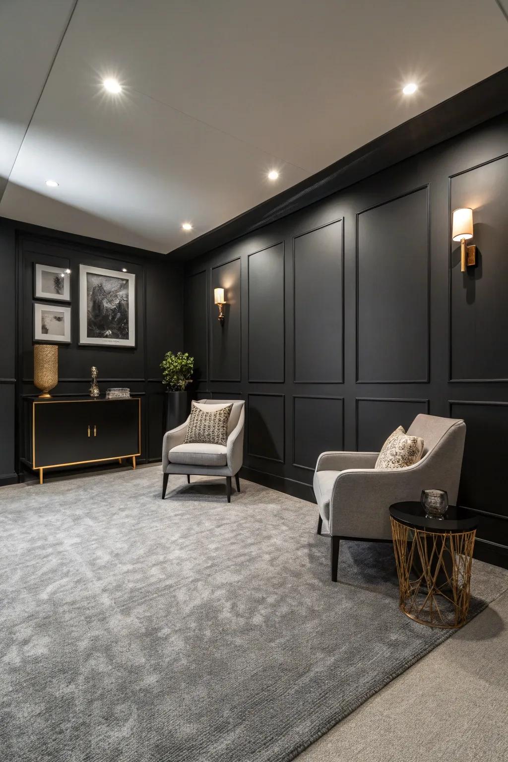 Black walls make a bold statement with grey carpets.