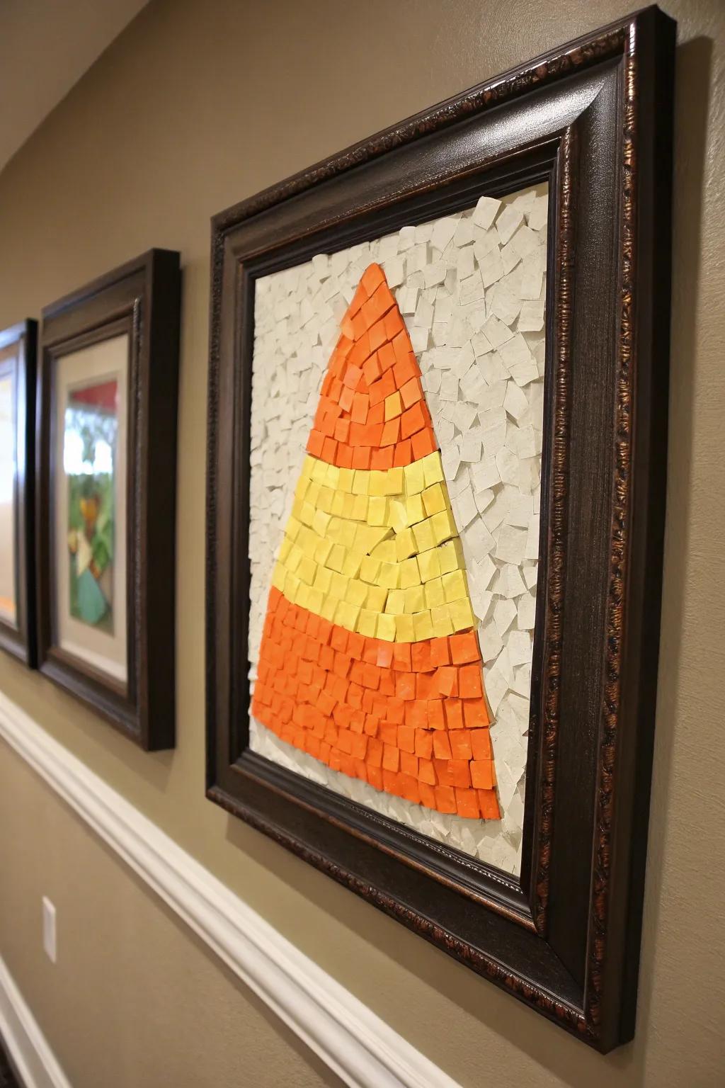 Candy corn mosaic art offers a sweet decorative touch