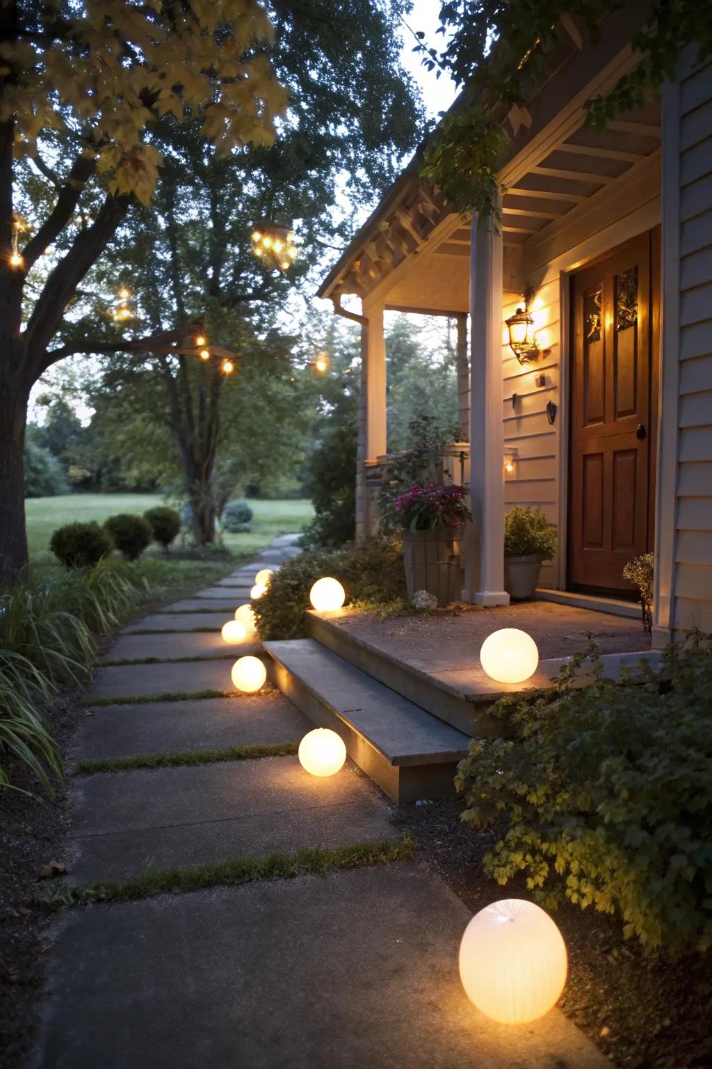 A playful pathway welcomes guests with an enchanting glow.