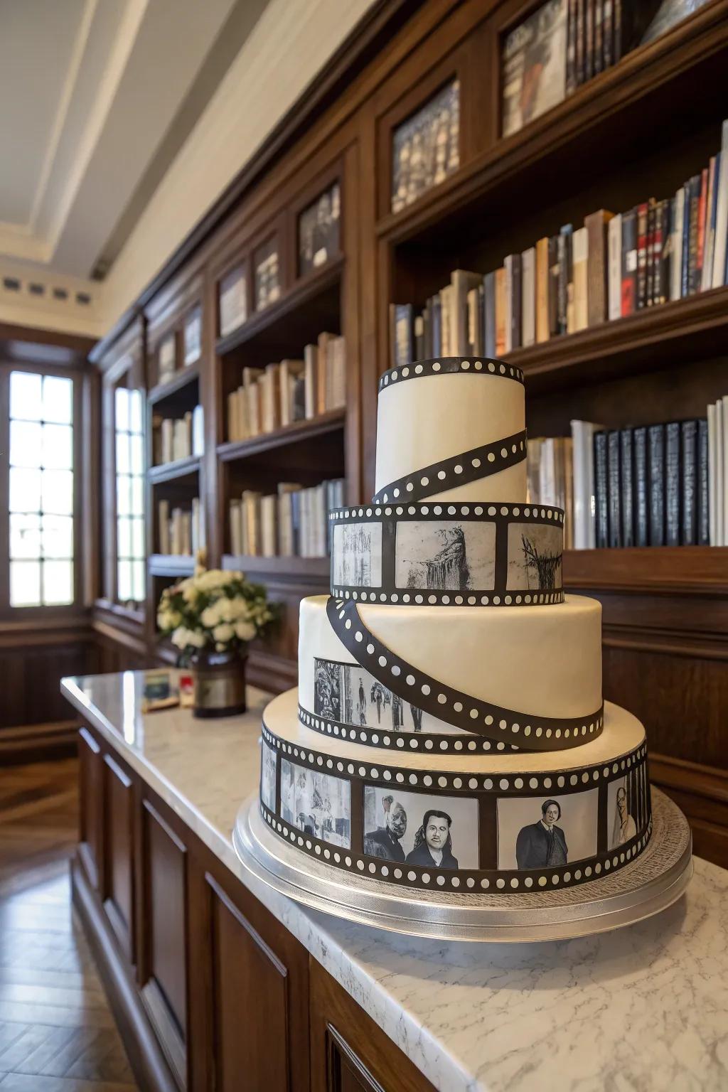 Film strip fondant gives this cake a nostalgic, cinematic flair.