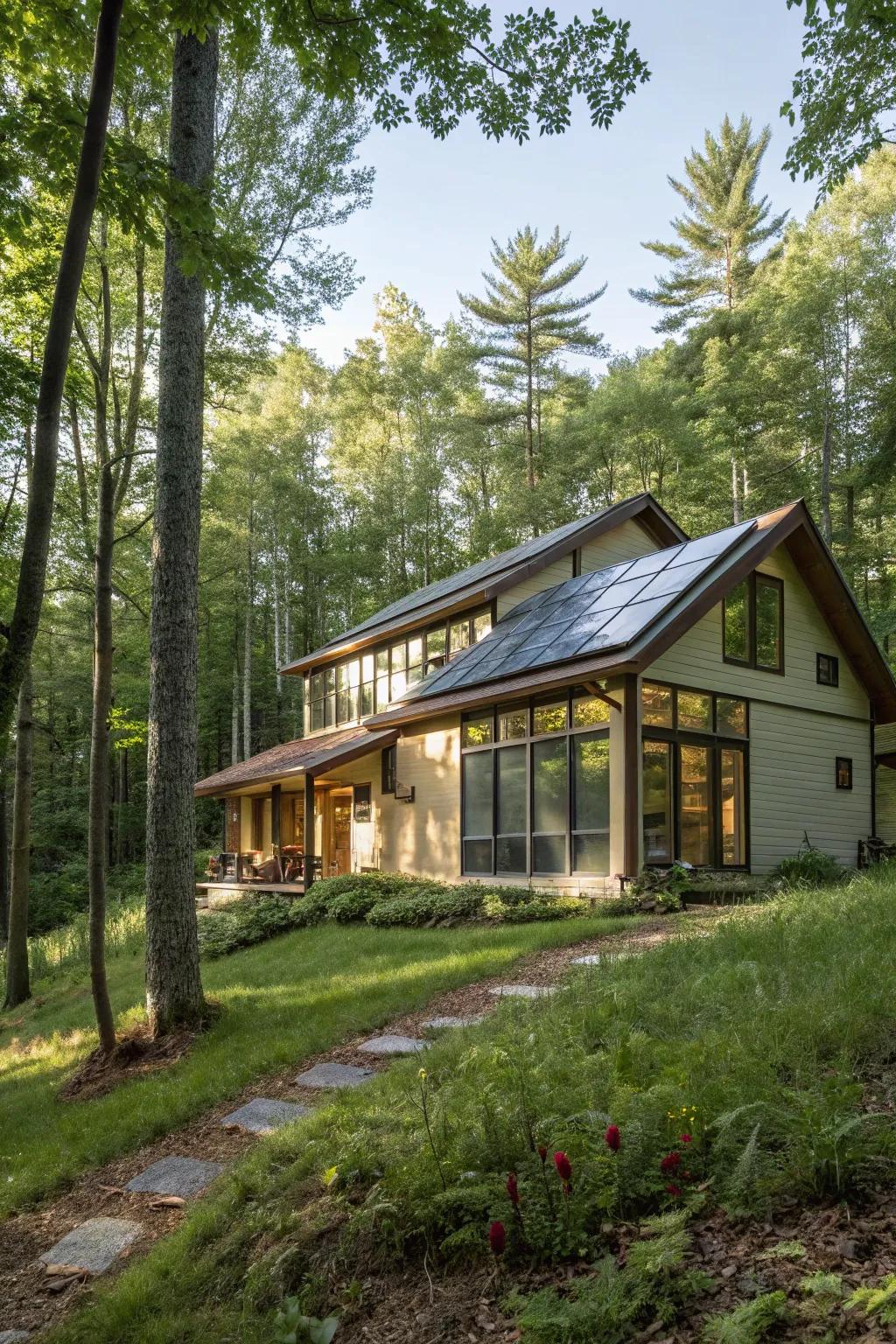 A solar-efficient house soaking up sunlight in the woods.