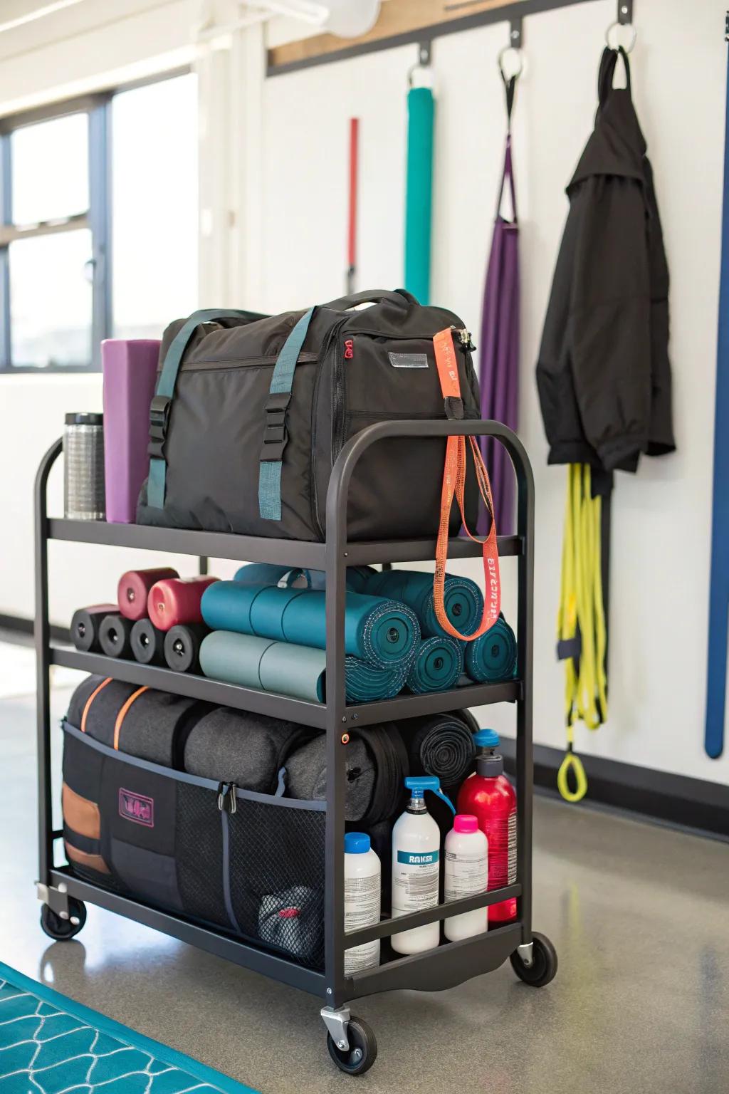 A rolling cart used for flexible workout gear storage.