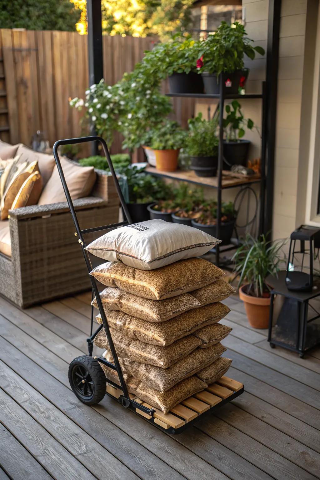 Portable carts offer mobility and convenience for pellet storage and use.