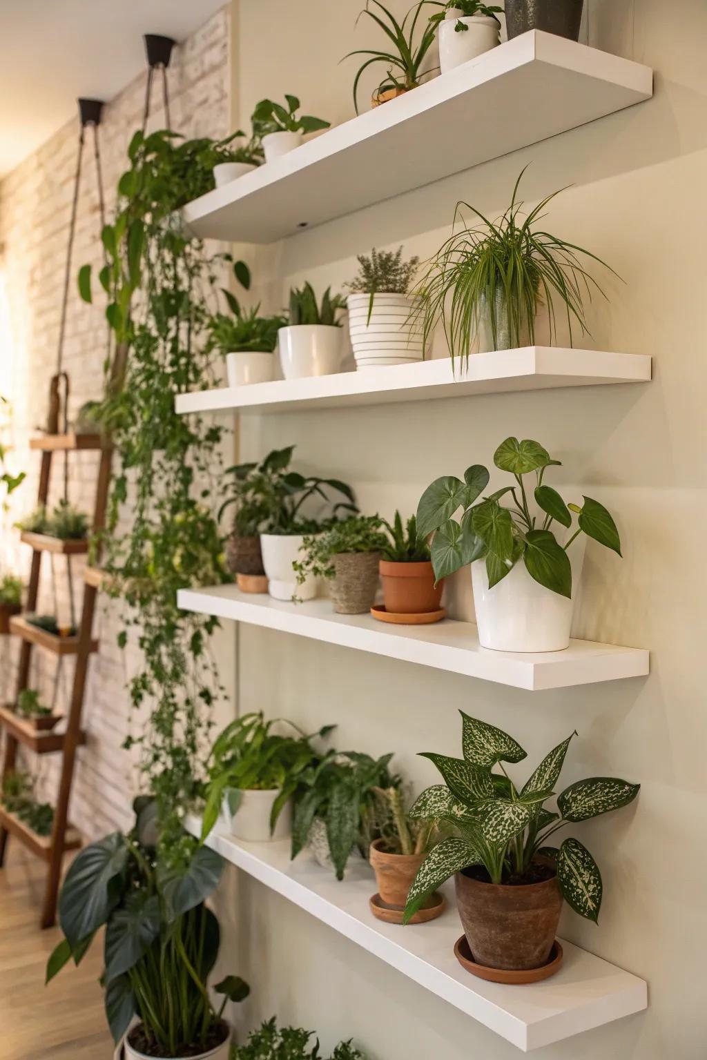 Maximize space with floating plant shelves.