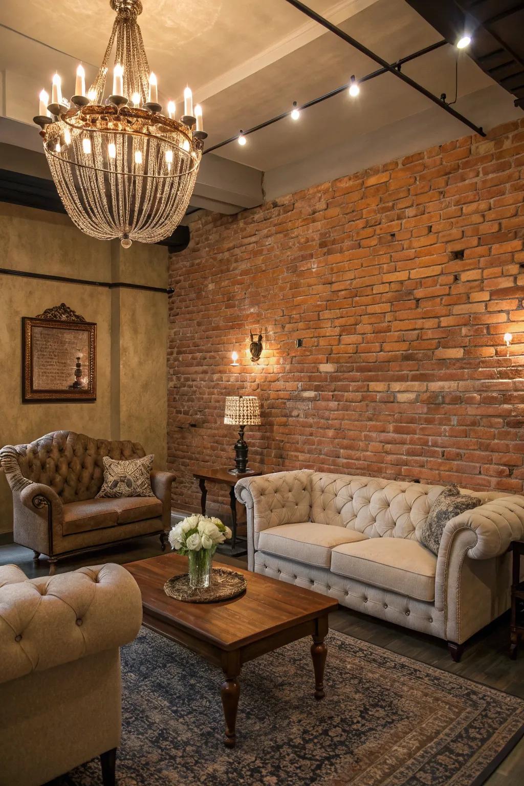 A room with a tinted brick facade, showcasing elegant decor and a refined ambiance.
