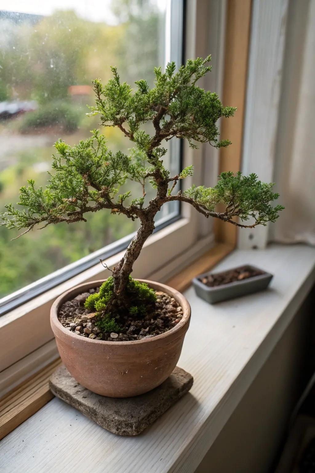 A mame style juniper bonsai adding charm to a windowsill in a small clay pot.