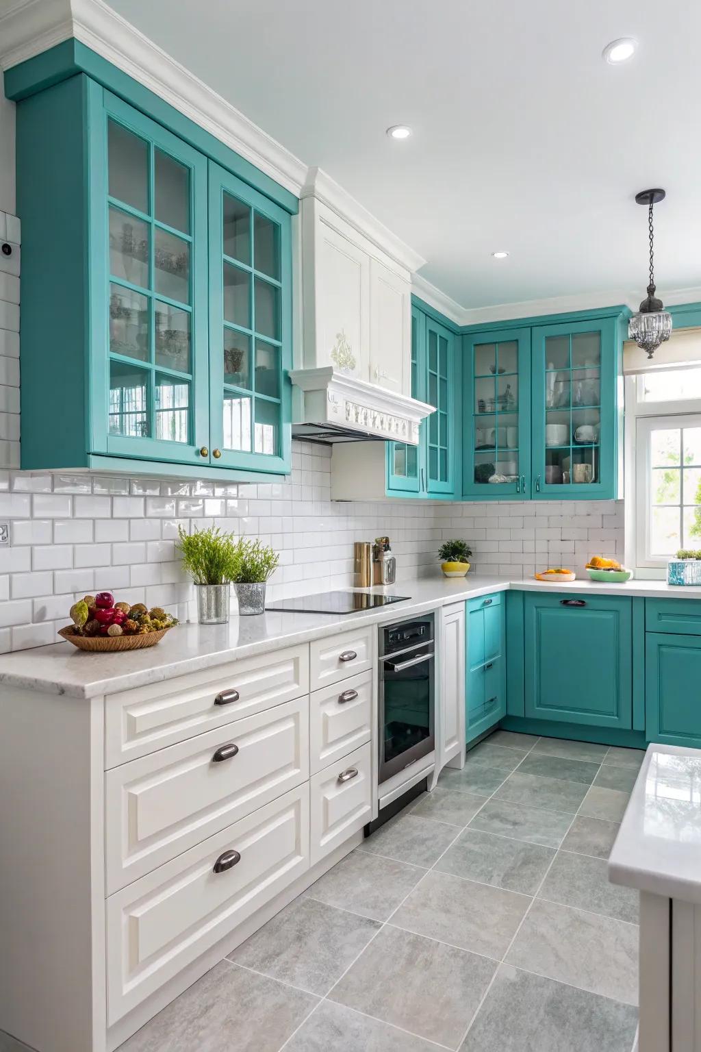 Bright teal highlights bring a vibrant splash of color to your kitchen.