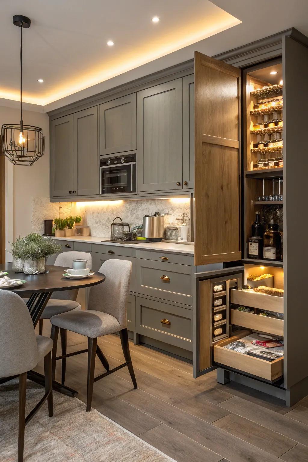 Personalized corner cabinets provide custom function and style.