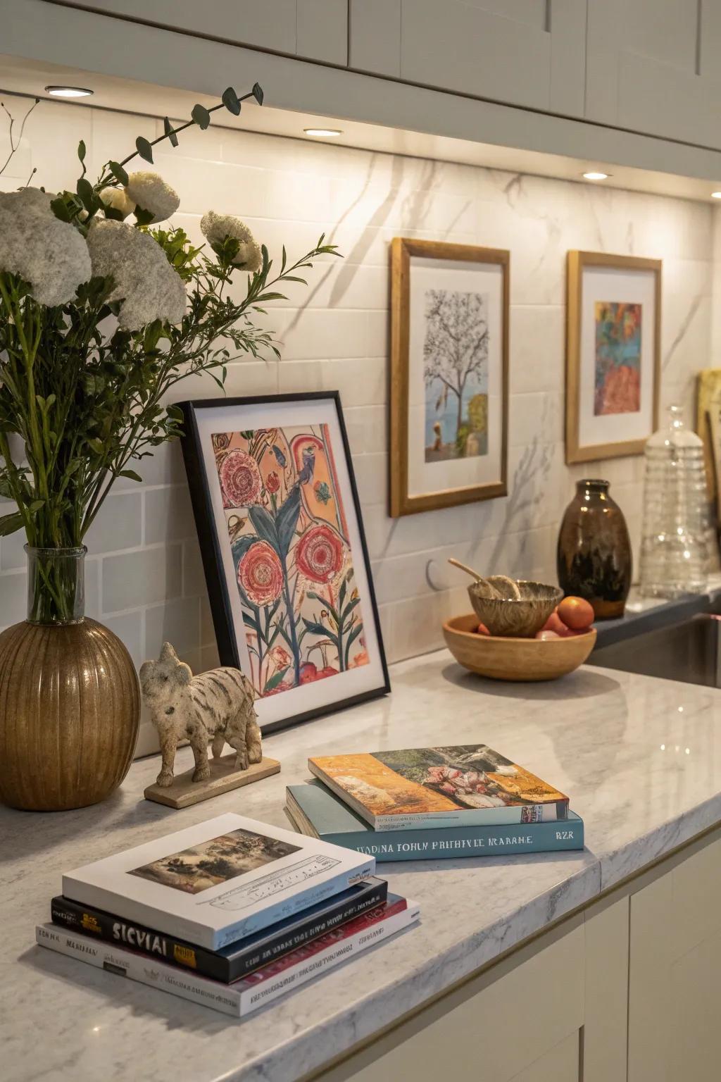 Art pieces elevate and focus your kitchen vignette.